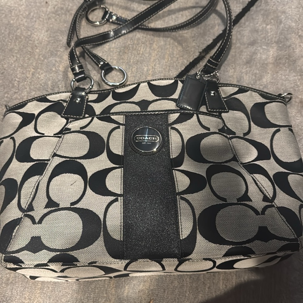 Vintage Stylish COACH Signature F17948 Grey Black C Logo Canvas Handbag Purse
